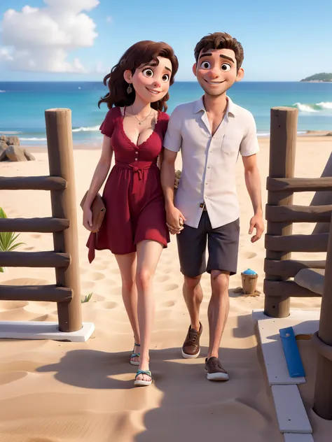 Obra-prima, de melhor qualidade, casal feliz no deck da praia