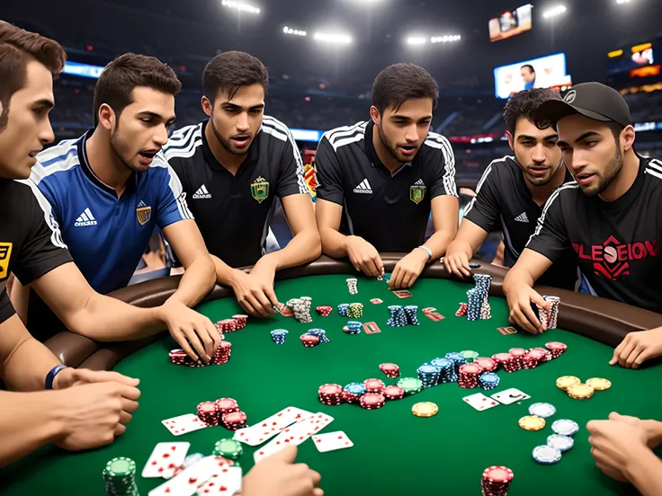 Um jogo de poker com homens brasileiros reais em uma arena de futebol com pessoas reais excitadas.