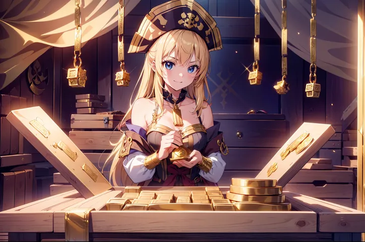 1  girl, pirate , pirate hat , (gold color lighting), sitting, (((many gold coins))),((( many treasure ))), (((many gold bars ))), (Treasure box ), high resolution,(incredibly absurdres),anime visual,extremely detailed , (front), cowboy shot, (wide shot:1....