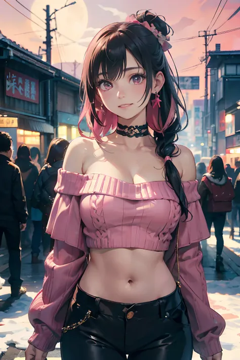 a 20 yo woman、Blackberry Hair、long twintail、Big smile、cleavage of the breast、Thighs at a glance、fishnet tights、＜Quality Improvement Prompts＞
＜Character appearance、Background and other prompts＞
BREAK (pink theme:1.4), (vivid colors:1.3), (pink sweater:1.4),...