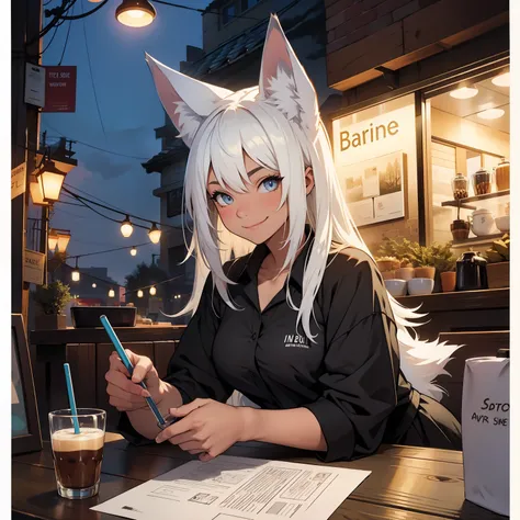 nighttime scene,a smile,barista,1girl in,coyote,white  hair,illustratio,POV