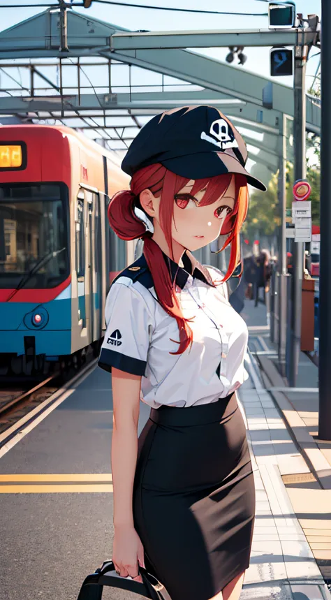 1girl, solo, red hair, red eyes, twintails, employee uniform, pencil skirt, skull print, navy cap, orange sky,, outdoors, train station, standing in front of bus,,