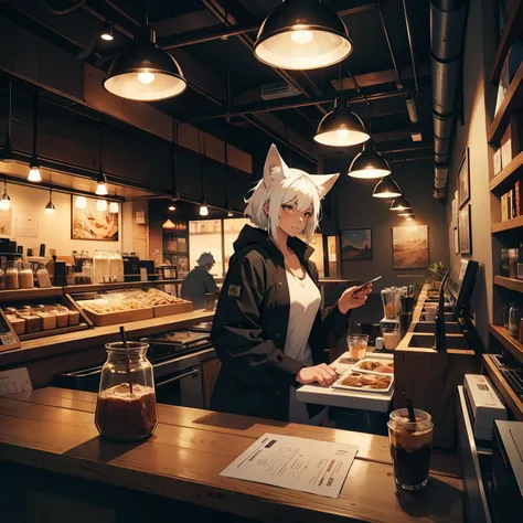 nighttime scene,barista,1girl in,coyote,white  hair,illustratio,POV