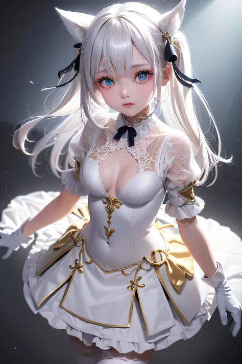 Outstanding Creation, hight resolution, top-quality, UHD, super detailing, Award, 16k, (The upper part of the body), Beauty Otome, white  hair, The hair, ((heterochromia iridis), Hanging corner, light skinned, (small tits), (Slim figure), ((Sweaters)), (Ri...