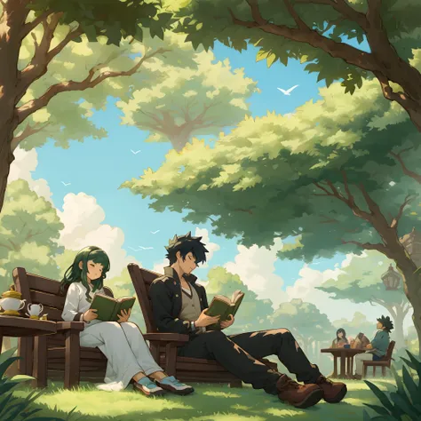 A fan-created illustration capturing a casual day in the life of a Black female protagonist with the power to control plants, and a South Asian male protagonist with the power of flight from a famous fantasy battle manga, They are relaxing in a sunlit park...