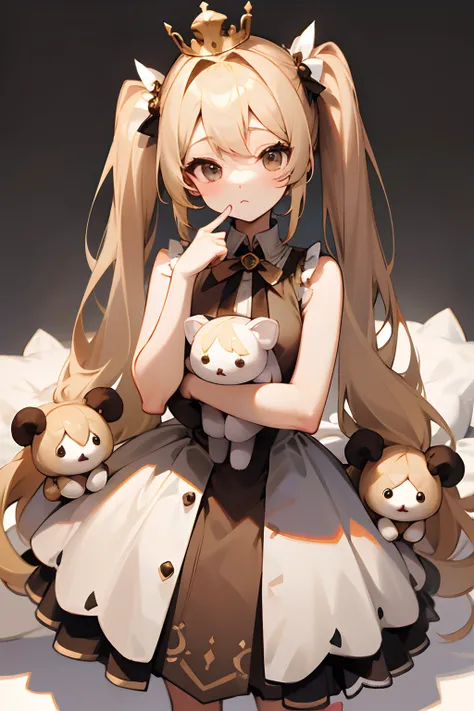 Thin blonde woman、wearing a crown、large twin tails、sleeveless、White and brown dress、Have a stuffed animal