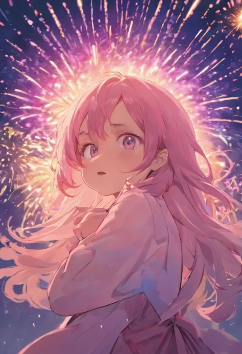 the night，In pink，Fireworks all over the sky，Heart-shaped bubbles，Teen couples，Cartoony，Chubby little girl and little boy hugging each other，Glowing fireflies around，，Cute and cute，KIDS ILLUSTRATION，Glow effects，Dingdall effect，depth of fields，high light，R...