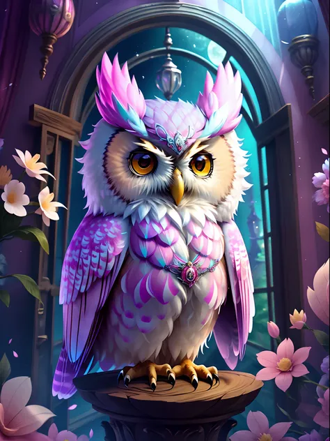 A mysterious owl in a magic school，Full of aura，Lovely so much，pink back ground，fresh flowers，vases，dream magical，Open-mouthed，ssmile，yang08k，Furry art，elokitty，Disneys Owl，disney stylized furry，Ear floating，Fluffy feathers，Fluffy，themoon