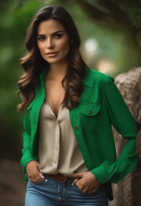 garota morena de longos cabelos ruivos sem franja utilizando uma camisa verde claro,jeans and bots, realista,