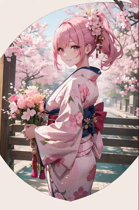 ((masterpiece1.5)),hyper quality, Hyper Detailed,Perfect drawing,1girl in,((Bigger breasts)),kawaii ,With smiling eyes,(((Beautiful pink kimono))),(((pink Luxury kimono)))、(Beautiful embroidery)3D,16K illustrations,((clearface)),Hi-Res,nice background、(((b...