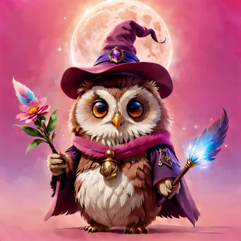 a mysterious owl at hogwarts school of witchcraft and wizardry，wearing a mage's robes，wearing a pointed hat，teaching with a wand...