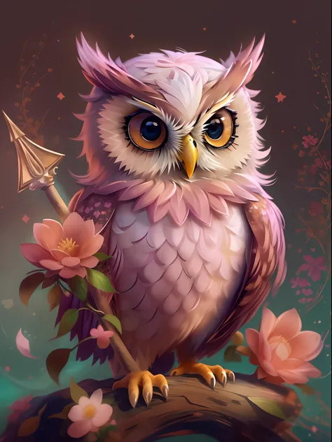 A mysterious owl at Hogwarts School of Witchcraft and Wizardry，Wearing a mages robes，Wearing a pointed hat，Teaching with a wand，Full of magic and aura，Chubby cute，pink back ground，fresh flowers，vases，dream magical，Open-mouthed，ssmile，Furry art，elokitty，Dis...