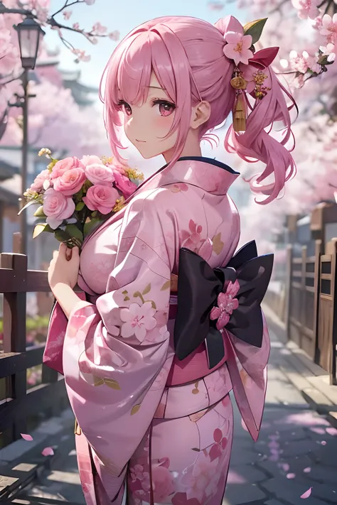 ((masterpiece1.5)),hyper quality, Hyper Detailed,Perfect drawing,1girl in,((Bigger breasts)),kawaii ,With smiling eyes,(((Beautiful pink kimono))),(((Pink luxury kimono)))、(Beautiful embroidery)。.3D,16K illustrations,((clearface)),Hi-Res,nice background、((...