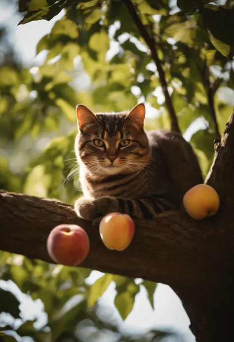 There is a cat sitting on a tree with fruit, 🍁 Cute, in a tree, next to a tree, r/ohwx, 🐿🍸🍋, ohwx, Perched on a tree, Hanging from a tree, on a tree, Cool the leaves, Choosing apples from a tree, she is easting a peach, sitting in a tree