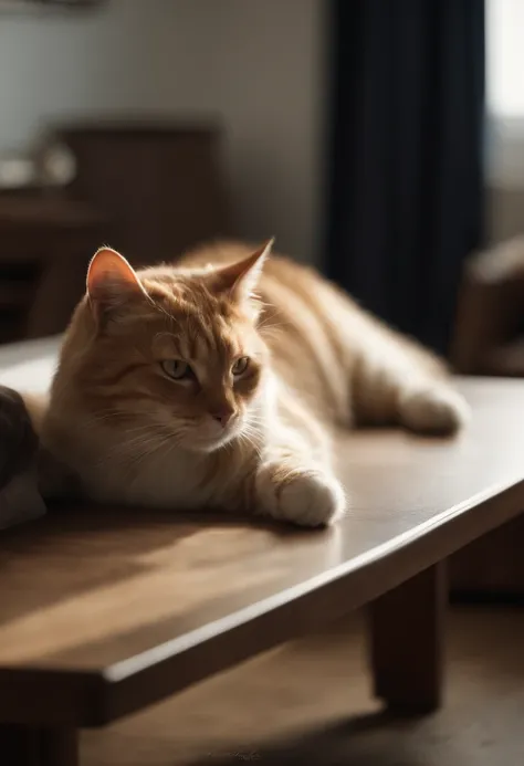 There is a cat lying on the table with its paws on the desk, showing his paws to viewer, she is laying on her back, Fat cat on the desk, thick fluffy tail, he is very relaxed, Beautiful cat paws, Sitting on a table, cat on the table, fluffy tail, her foot ...