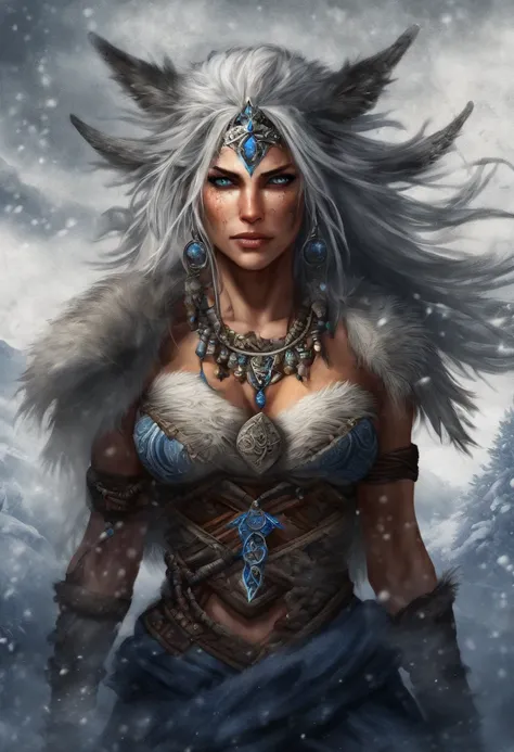 (best quality,4k,8k,highres,masterpiece:1.2),ultra-detailed,(realistic,photorealistic,photo-realistic:1.37),white haired scraggly tattooed female viking shaman,has blue glowing tattoos,illustration,ancient,fierce expression,weathered face,blue war paint,bo...