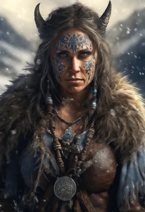 (best quality,4k,8k,highres,masterpiece:1.2),ultra-detailed,(realistic,photorealistic,photo-realistic:1.37),white haired scraggly tattooed female viking shaman,has blue glowing tattoos,illustration,ancient,fierce expression,weathered face,blue war paint,bo...