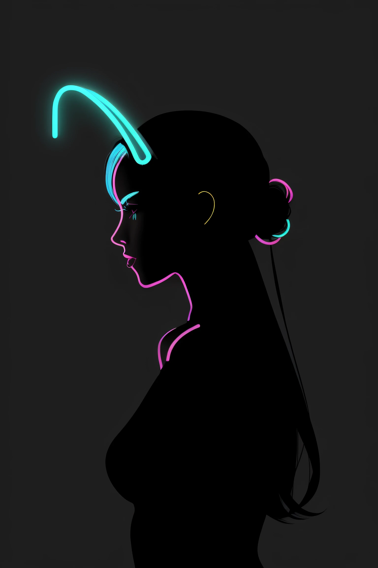 Generate a simple and elegant logo that portrays the silhouette of a woman. The design should convey a strong sense of seduction and beauty, using a colorful approach with clean lines while only using neon paint on a plain black background