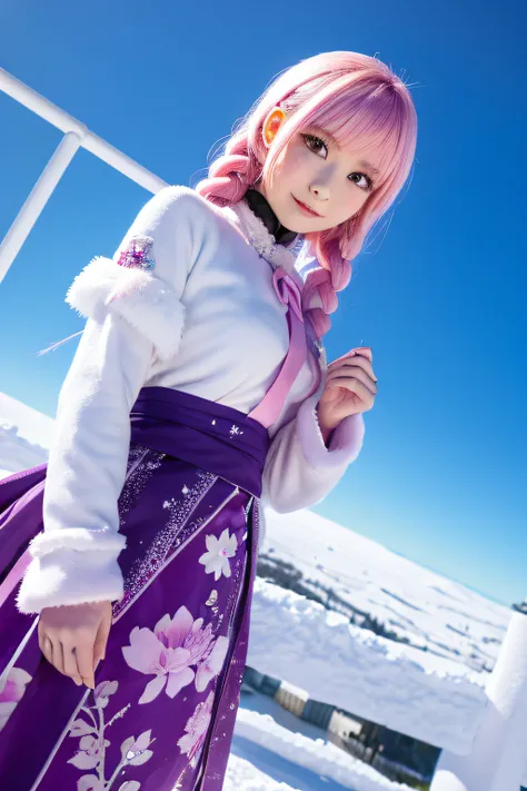 Extreme details, flawless, Aerial view, Like a work of art, Anime girl with ice and snow sword, Pink hair and purple long skirt complement each other, Staring at the god Ayakahara in the distance, Leads us to the world of the Genshin.