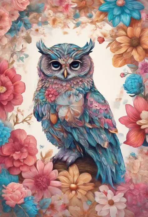 Draw a colorful owl with flowers, Cute detailed digital art, lovely digital painting, adorable digital art, Beeple and Jeremiah Ketner, cute owl, cute detailed artwork, cute 3 d render, digital painting highly detailed, cute colorful adorable, highly detai...