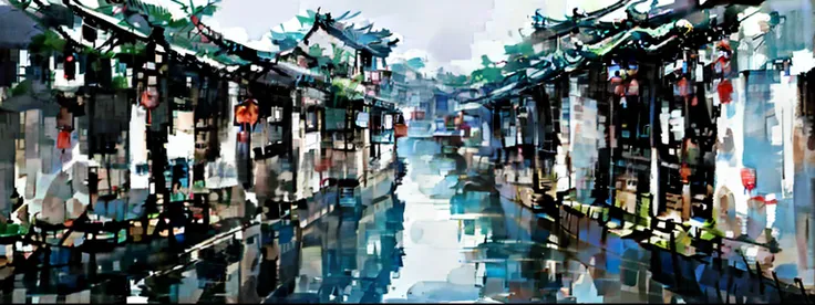 there is a small river flowing through a small town, dreamy chinese towns, zhouzhuang ancient town, chinese village, old asian v...