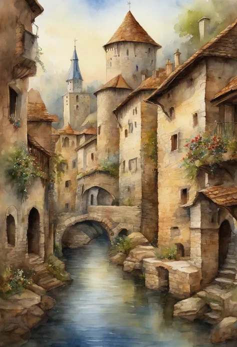 Medieval city, Watercolor, 32k, hyper realistic and hyper detailed