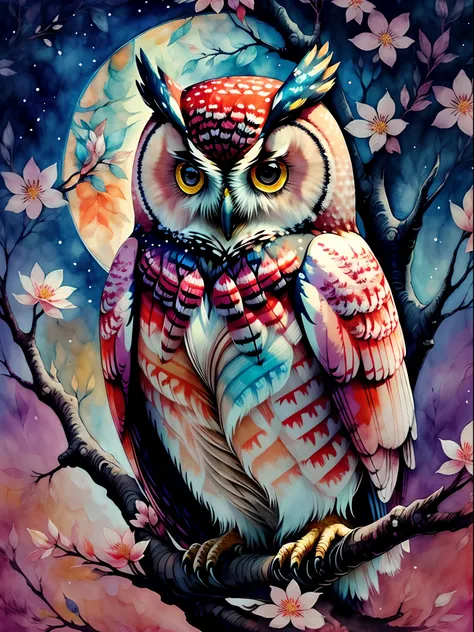 owl，moon full， the trees，foliage，flower  field， Alcohol ink and impala mixed painting， blasts，yang08k，big breasts beautiful，Colorful，tmasterpiece，top-quality，best qualityer，offcial art，Beautiful and beautiful