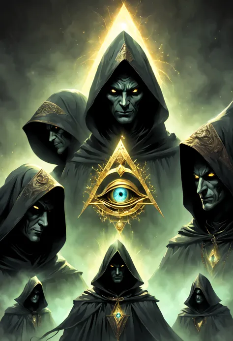 several evil people in hoods in dark robes on cerimony, Vector Sign of the All-Seeing Eye in piramidal structure, glow reptilian eyes, UHD, by Aleksi Briclot and Alessio Albi and Alexandre Cabanel