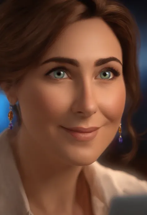 (best quality,highres,ultra-detailed), Pixar-inspired administrator, close-up, captivating facial expressions, touch of unreality, on computer, with lights, medium hair, 40 years old, vibrant colors, studio lighting, detailed facial features