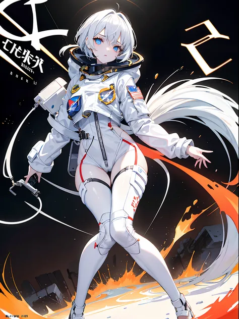 1girll，(Dramatic), (grittiness), (Intense)The background is dark and gritty，((White spacesuit)),((nasa)),s the perfect face，k hd，tmasterpiece，Correct anatomy，Correct fingers，Right legs，There is a sense of danger and a strong feeling。The text is bold and ey...