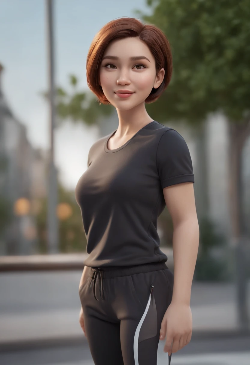 Cartoon character of a woman in a black shirt, All-star sweatpants & Sneakers, BROWN AFRICAN BRAZILIAN PIXIE CUT SHORT HAIR, Also a little overweight. above,Full mouth,honey eyes,an animated character, stylized character, animation style render, Stylized 3...