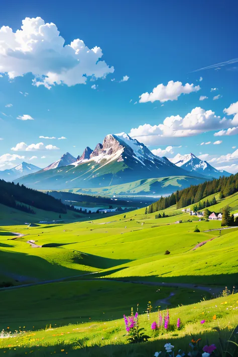 blue sky background, Vast meadows, One mountain, Mountain Plains