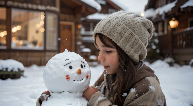 award winning landscape photo of a cute little Canadian girl building a snowman, bokeh (brown color in detail:1.1), telephoto, elegant atmosphere, realistic, intricate details, healthy skin, true skin tone