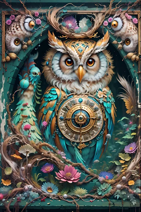 When a cute owl steps into the dark castle，A faint ray of sunlight shone through a crack in the ancient wall。It wears a special magician costume，Wearing a pointed hat，holding wands，Dressed in a brightly colored silk scarf，It is embroidered with a gold expe...