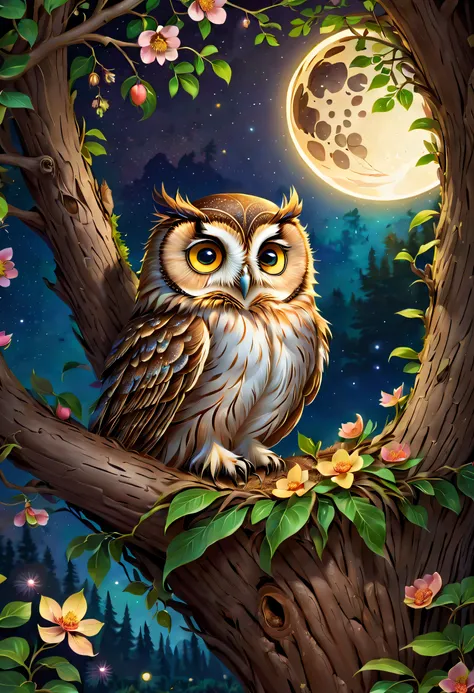 (the night，moon full，nigth: 1.2), starlights，Huge world tree，The foliage is luxuriant，Overgrown with fruit，blossoms，A cute owl hides in a nest in a tree hollow, Carefully stick your head out，looking out, cute owl, Side view, Realistic art, High detail, Owl...