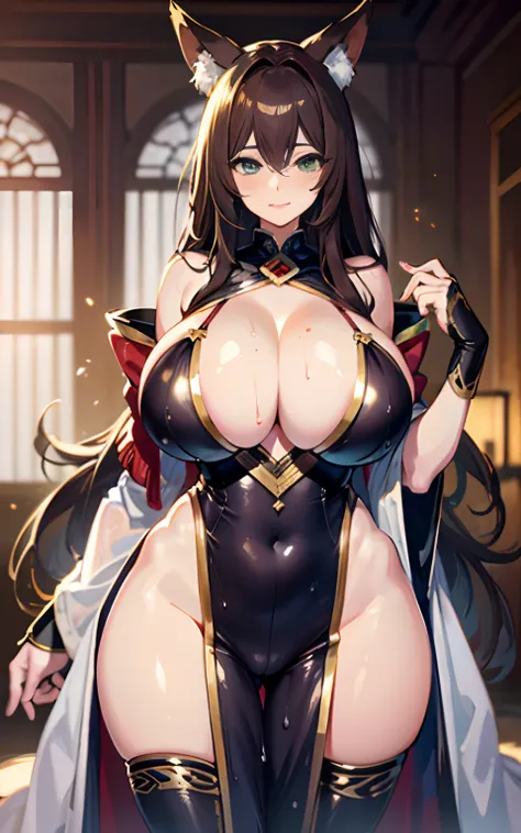 (Masterpiece: 1.5), (Best Quality: 1.5), Perfect Eyes, Perfect Face, Detailed Eyes, Volumetric Lighting, 1 Woman, Mature Woman, (Whiteness: 5), fox ears, fox tail, dark brown hair, green eyes, long hair, sexy, full body, kimono, wet skin, shiny skin, tight...