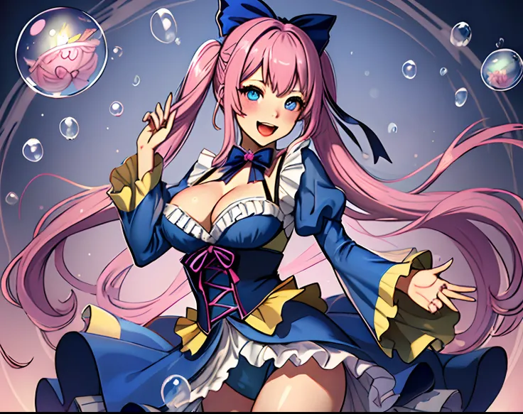 1girll, Solo, Breasts, dress, Blue eyes, Long hair, Smile, :D, view the viewer, bangs, Open mouth, Long sleeves, cleavage, Blue dress, Medium breasts, double tails, Bubble, See-through, whaite hair, Very long hair, 鎖骨, Blush, Low Twin Tails, bow, index fin...