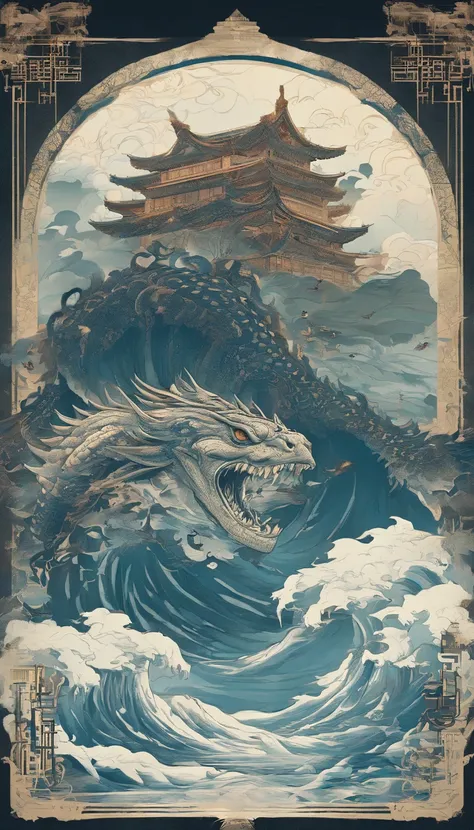 China-style，Chinese mythology，Xuanwu，faucet，Turtle body，Heavy tortoiseshell shell，Snake tail，has horns on its head，tosen，Ferocious，gargantuan，The eyes glow blue light，the sea，Huge waves，surrounded by cloud，中景 the scene is，Full body like， highly detailed su...