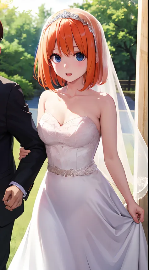 Yotsuba Nakano, Bangs, Short hair, Blue eyes, hair between eye,  Orange hair, wedding dress