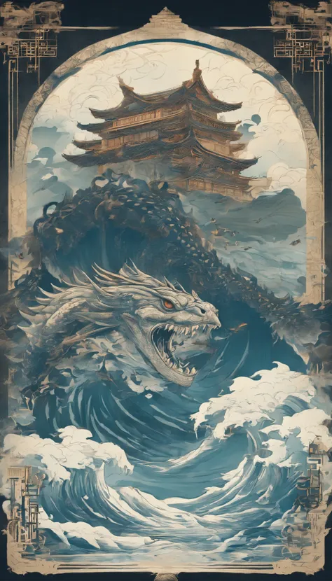 China-style，Chinese mythology，Xuanwu，faucet，Turtle body，Heavy tortoiseshell shell，Snake tail，has horns on its head，tosen，Ferocious，gargantuan，The eyes glow blue light，the sea，Huge waves，surrounded by cloud，中景 the scene is，Full body like， highly detailed su...