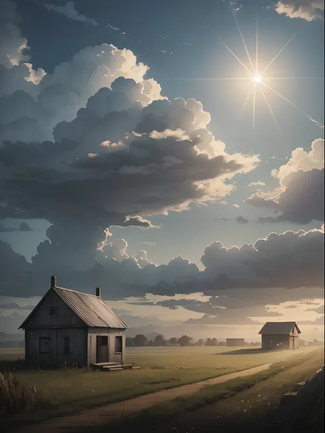 generate an illustration of a rural area in the magical realism genre, with bright, serene grey skies and a melancholic but hopeful atmosphere, a giant optical phenomenon of a halo can be seen from a distance away.