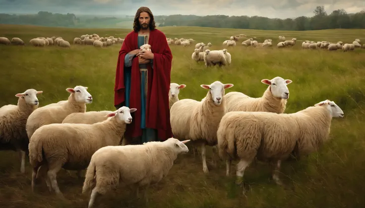 Jesus Christ in the field protecting his sheep