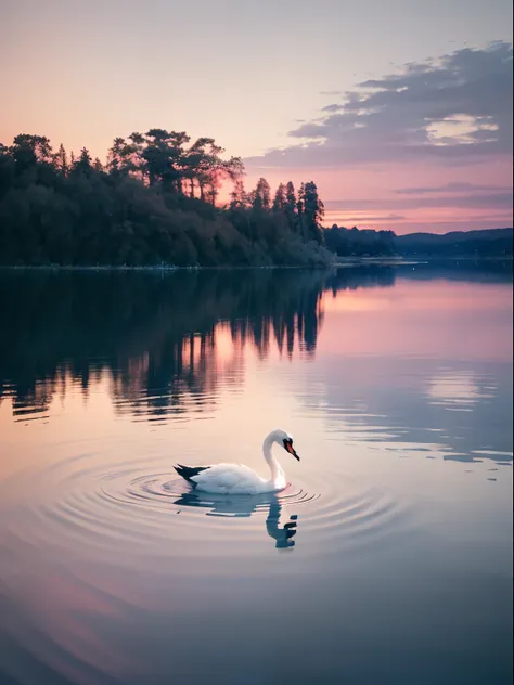 arafed swan swimming in a lake at sunset with a pink sky, tranquility, perfectly calm waters, mikko lagerstedt, peaceful and serene, tranquillity, on the calm lake, treading above calm water, calm water, calm and serene, in a serene landscape, perfect comp...