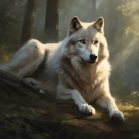 masutepiece, Best quality, ((Beautiful and delicate wolf)) (Very detailed CG unity 8K wallpaper), Professional majestic oil painting，author：Ed Blinky, Attia Geylon, by Ghibli Studio, Jeremy Mann, Greg Manchesa, Antonio Moro, Popular on artstation, Trending...