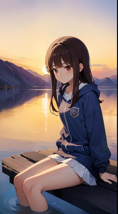 Generate 1girl, brown hair, brown eyes, who is at peace with herself, her character design barring traits like, introspective, smart, calm and laidback, masterpiece, highly detailed, high res, ultrasharp, 8k, sitting by a lake, looking into the sunset in s...