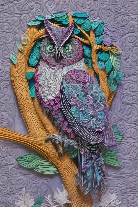 （1 colorful owl standing in a tree），White background，(paper art, Quilted paper art:1.2, geomerty:1.1, zentangle,a 3D render), (Extremely colorful, Best quality, Detailed details, Masterpiece, offcial art, movie light effect, 4K)