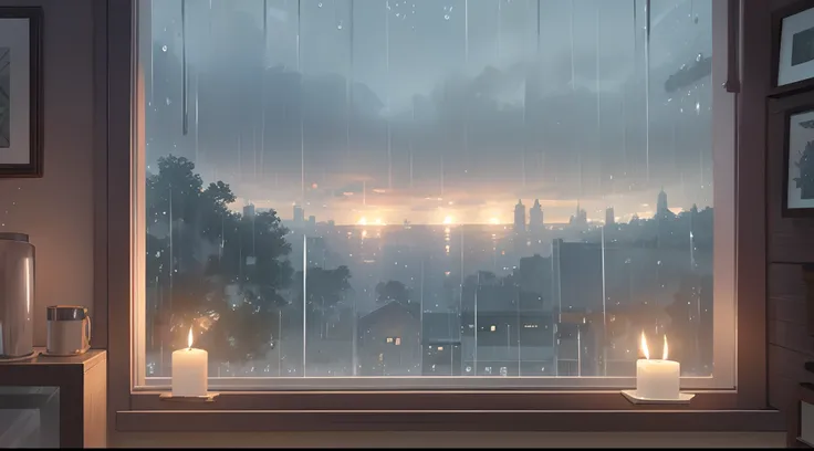 rainy day windowsill illustration landscape view from indoors candle in front graphic top quality rain rainy day