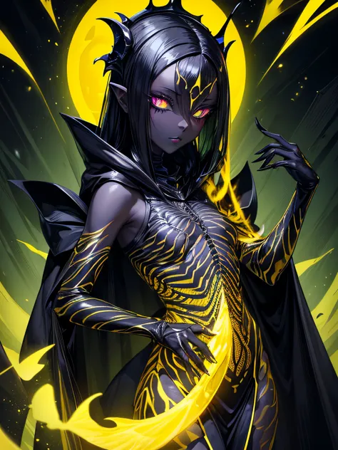 Masterpiece, elegance and danger, gloomy character, elegant insect girl, alien, (dark-black-scaly-chitin-skin), black skin, lots of yellow glowing insect eyes, hi-tech black equipment, sharp fingers, long cloak shaped chitin hair, green glowing hi-tech pis...