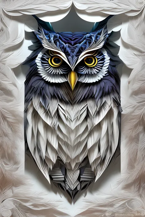 （Colorful owls，eyes with brightness，Radar-like ears，Sharp mouth，sharp talons），White background，(paper art, Quilted paper art:1.2, geomerty:1.1, zentangle,a 3D render), (Extremely colorful, Best quality, Detailed details, Masterpiece, offcial art, movie lig...