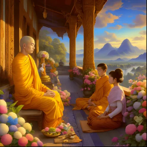 a painting of two monks sitting on a porch with flowers, buddhist, buddhism, buddhist art, tithi luadthong, beautiful depiction, thailand art, buddhist monk meditating, monk meditate, by John La Gatta, by Johfra Bosschart, in a temple, rob rey and kentarõ ...